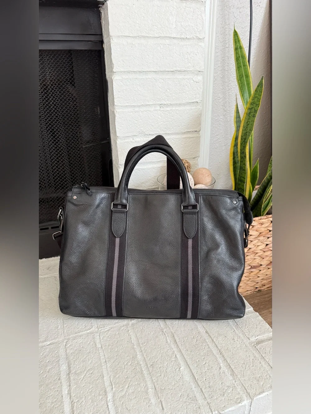 Fossil Houston Black Pebbled Leather Briefcase Laptop Work Bag Messenger